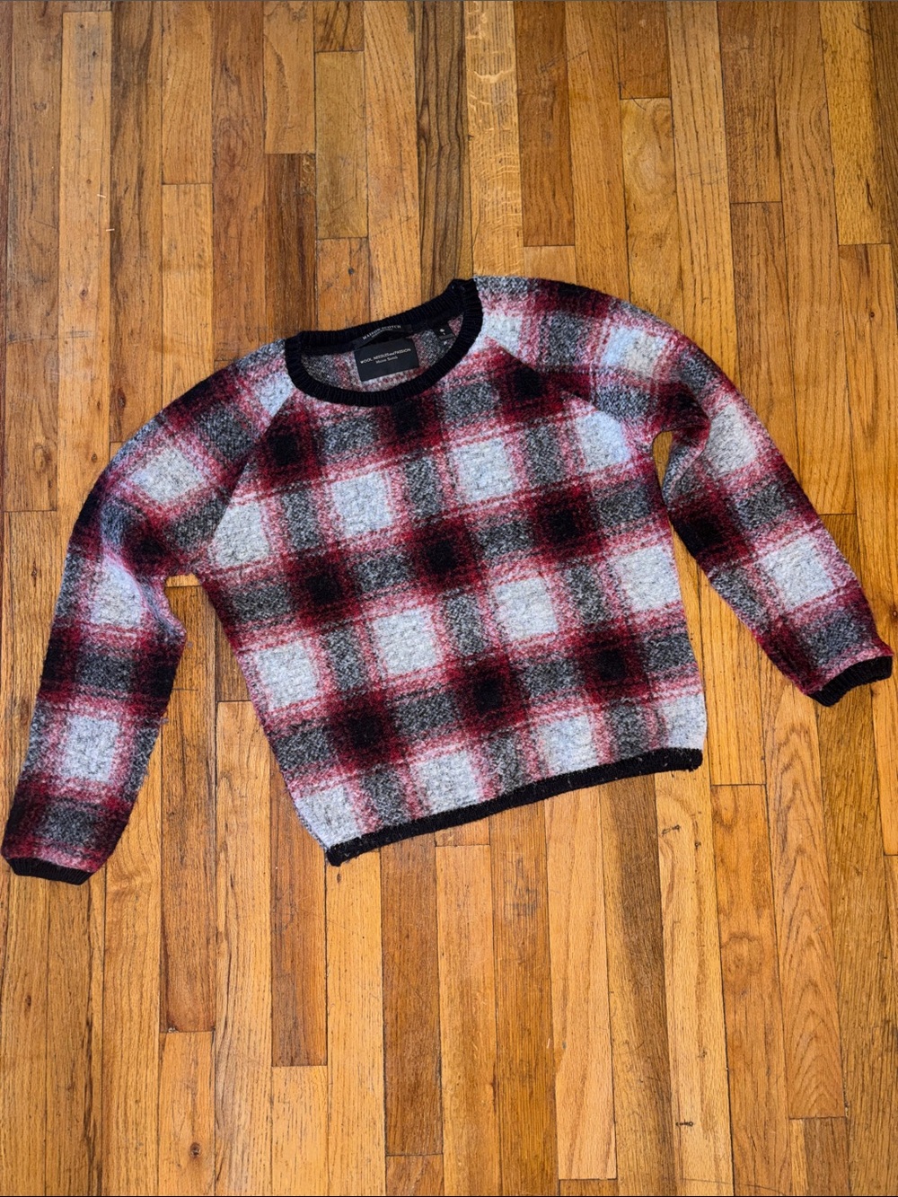 Scotch & Soda Red, Black & White Plaid Crewneck Sweater